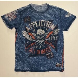 VTG USA Made Affliction American Customs T Shirt Skull Blue Tie Dye M Y2K Biker